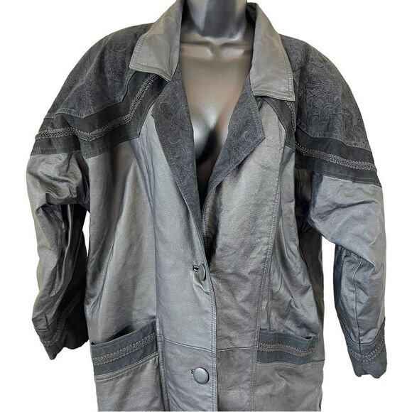 Vintage Greg Bell Leather 80’s Matrix Black Paisley Patchwork Long Trench Coat - Picture 2 of 16